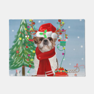 Shih Tzu Dog in Snow Christmas  Doormat