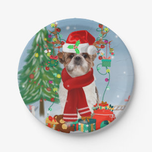 Shih Tzu Dog in Snow Christmas  Paper Plate