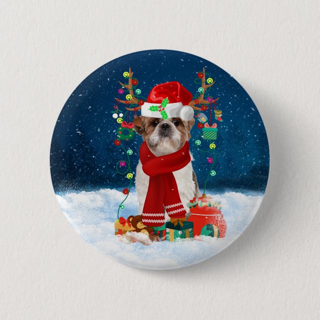 Shih Tzu Dog in Snow with Christmas Gifts  2 Inch Round Button (Front)