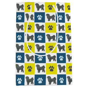 Shih Tzu Dog & Paw Print Yellow Grid Silhouette Medium Gift Bag