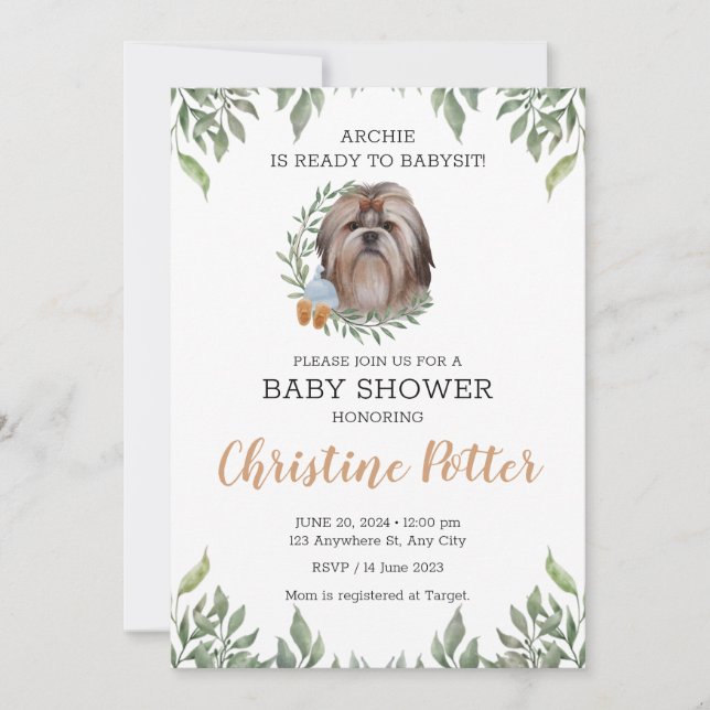 Shih Tzu Dog Puppy Greenery Boho Baby Shower Invitation (Front)