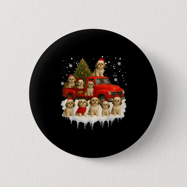 Shih Tzu Dog Red Truck Christmas Tree Santa Ugly X 2 Inch Round Button (Front)