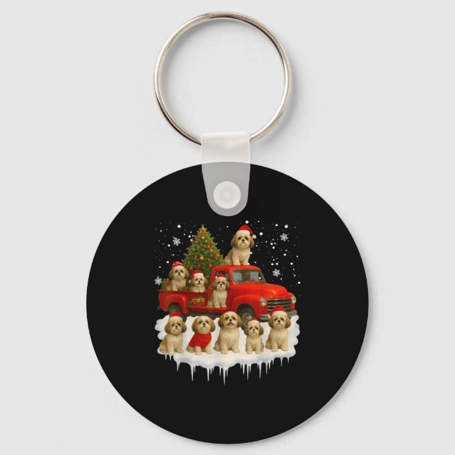 Shih Tzu Dog Red Truck Christmas Tree Santa Ugly X Keychain (Front)