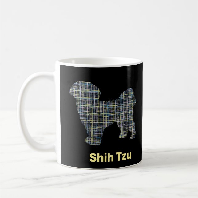 Shih Tzu Dog Silhouette Yellow & Black Grid Lines Coffee Mug (Left)