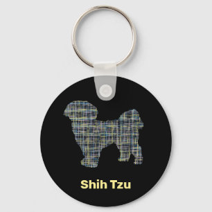 Shih Tzu Dog Silhouette Yellow & Black Grid Lines Keychain