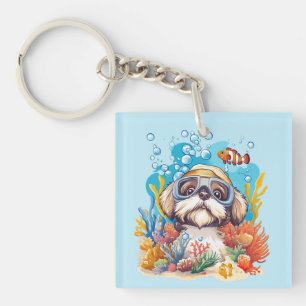 Shih Tzu Dog Snorkelling Coral Reef Keychain