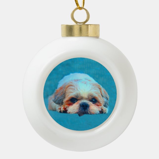 Shih Tzu Dog Water colour art Portrait Ceramic Ball Christmas Ornament (Front)