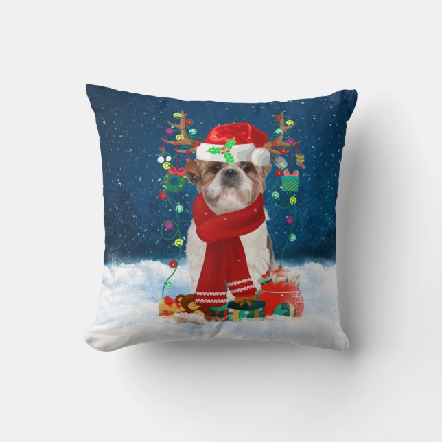 Shih Tzu dog with Christmas gifts Throw Pillow (Front)
