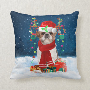Shih Tzu dog with Christmas gifts Throw Pillow