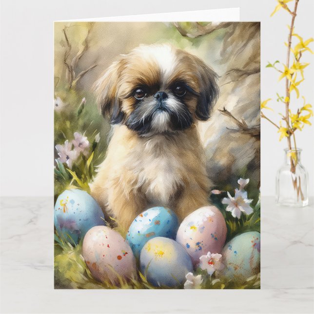 Shih Tzu Dog with Easter Eggs Holiday Card (Yellow Flower)