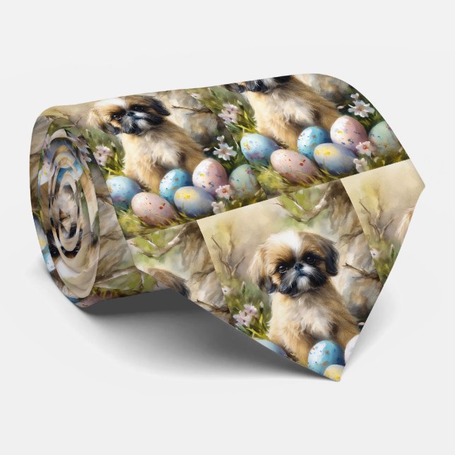 Shih Tzu Dog with Easter Eggs Holiday Tie (Rolled)