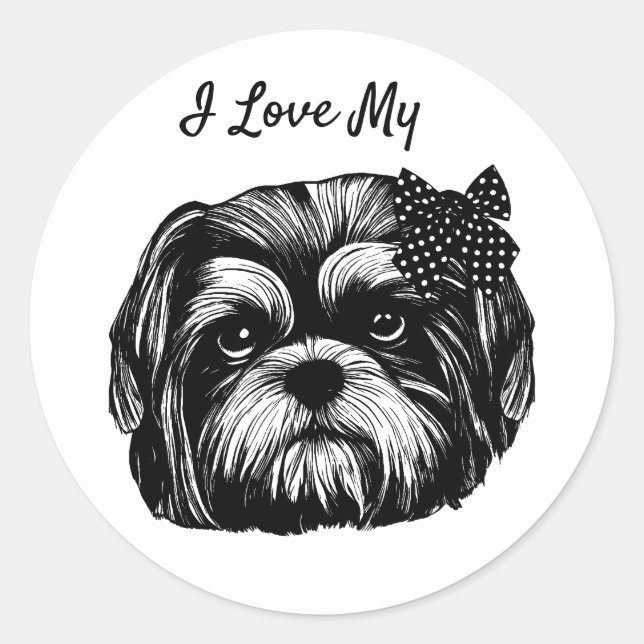 Shih Tzu dog with polka dot bow Original art  Classic Round Sticker (Front)