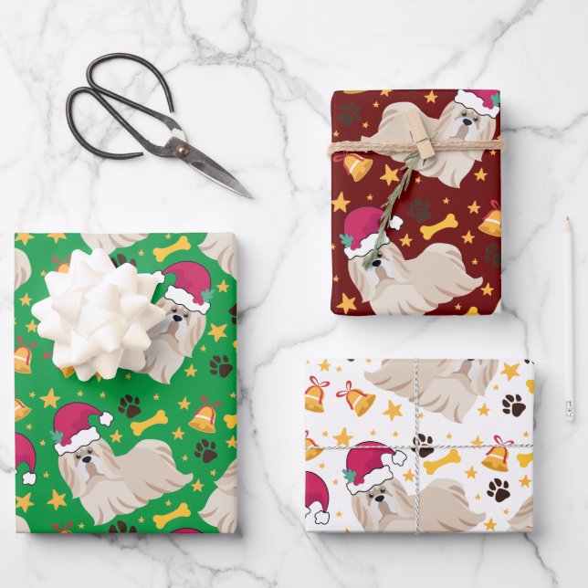 Shih Tzu Dog With Santa Hat Christmas Wrapping Paper Sheet (Front)