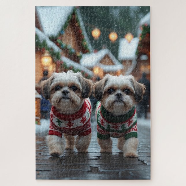 Shih Tzu Dogs Christmas Snow Holiday Jigsaw Puzzle (Vertical)