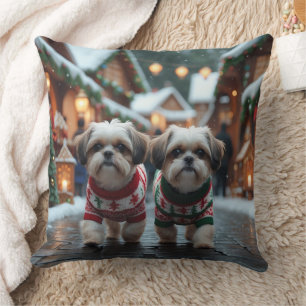 Shih Tzu Dogs Christmas Snow Holiday Throw Pillow