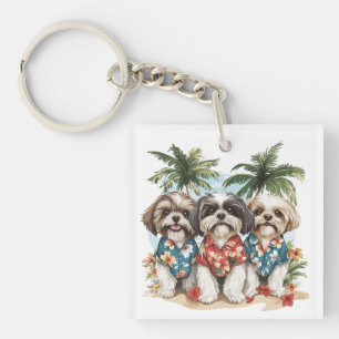 Shih Tzu Dogs Wearing Hawaiian Shirts Keychain