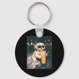 Shih tzu drinking iced coffee funny pet lifestyle keychain