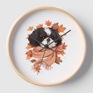 Shih Tzu Fall Dog Autumn Leaves Thanksgiving Copy Clock