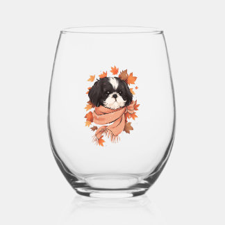 Shih Tzu Fall Dog Autumn Leaves Thanksgiving Copy Stemless Wine Glass