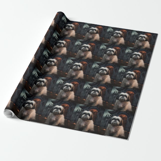 Shih Tzu Halloween Scary Wrapping Paper (Unrolled)