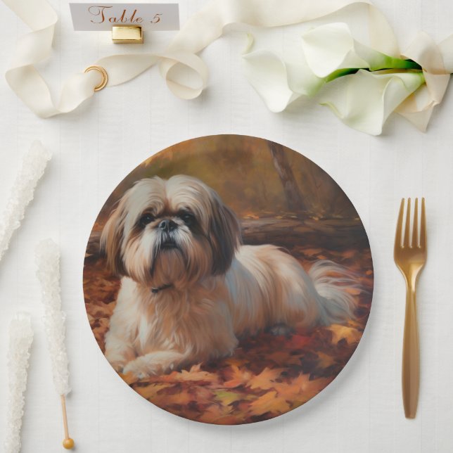 Shih Tzu in Autumn Leaves Fall Inspire Paper Plate (Wedding)