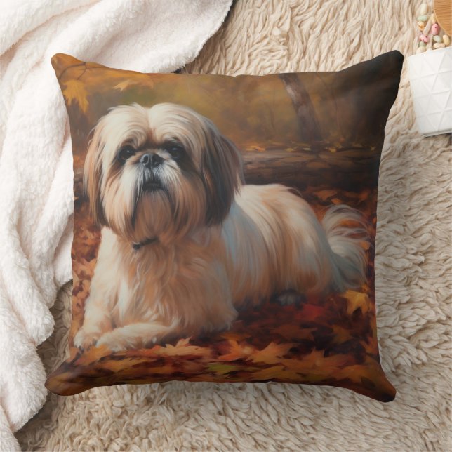 Shih Tzu in Autumn Leaves Fall Inspire Throw Pillow (Blanket)