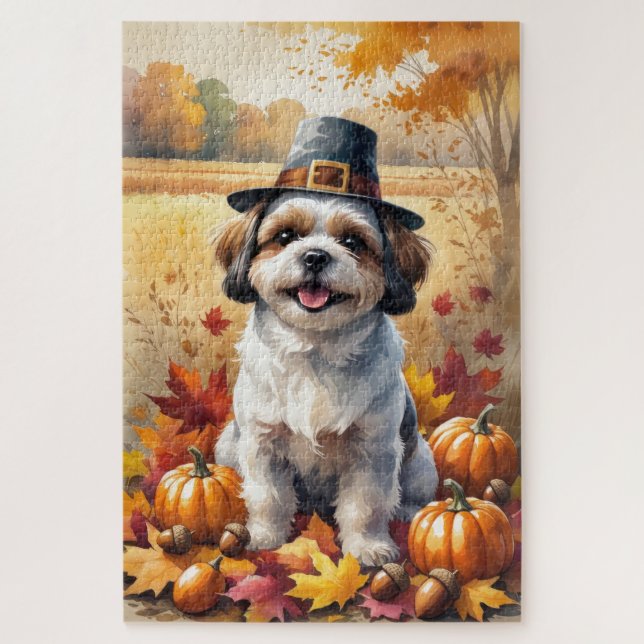 Shih Tzu In Autumn Leaves Thanksgiving Art  Jigsaw Puzzle (Vertical)