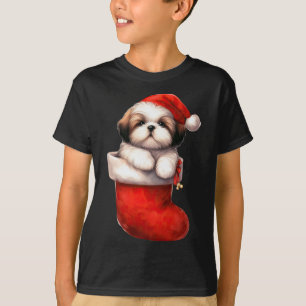 Shih Tzu In Sock Christmas Santa Hat Xmas Dog Love T-Shirt