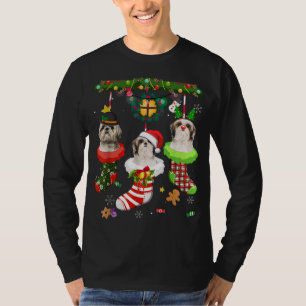 Shih Tzu In Socks Christmas Santa Hat Xmas Lights  T-Shirt