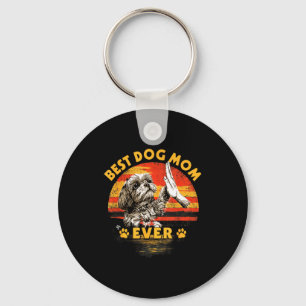 Shih tzu mom retro sunset funny dog mother's day keychain