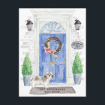 Shih tzu  Moving Announcement Postcard<br><div class="desc">Announce your new address with our stylish announcement featuring a Shih tzu ,  blue front door,  welcome mat,  slate sign,  topiaries and a floral wreath set on a grey brick background.</div>