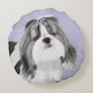 Shih Tzu Painting - Cute Original Dog Art Round Pillow