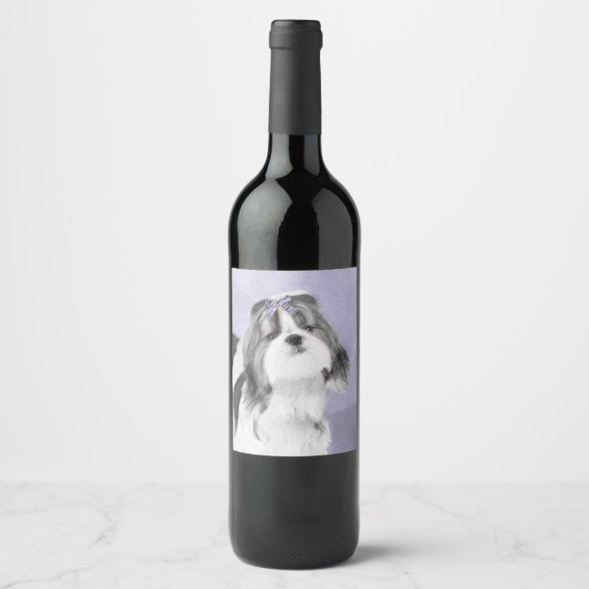 Shih Tzu Painting - Cute Original Dog Art Wine Label (Front)