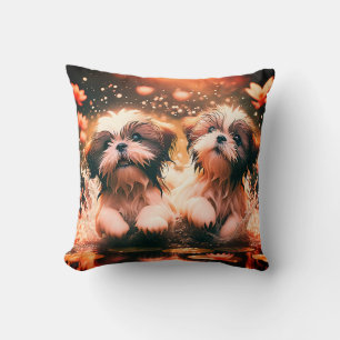 "Shih Tzu Pond Play" Throw Pillow