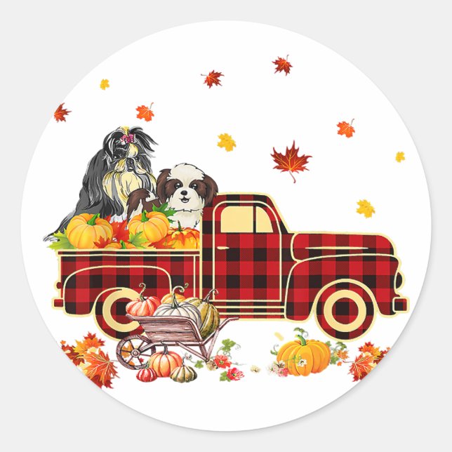 Shih Tzu Pumpkin Truck | Fall Leaf Thanksgiving Classic Round Sticker (Front)