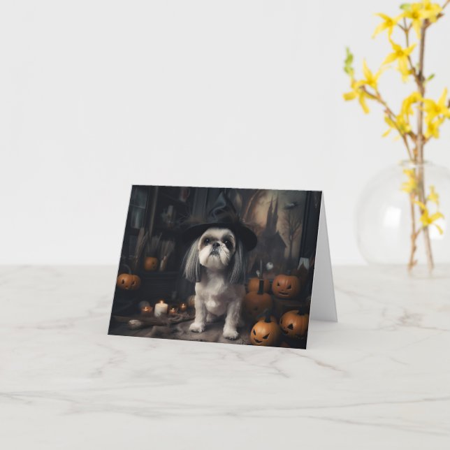 Shih Tzu Pumpkins Halloween Scary  Card (Yellow Flower)