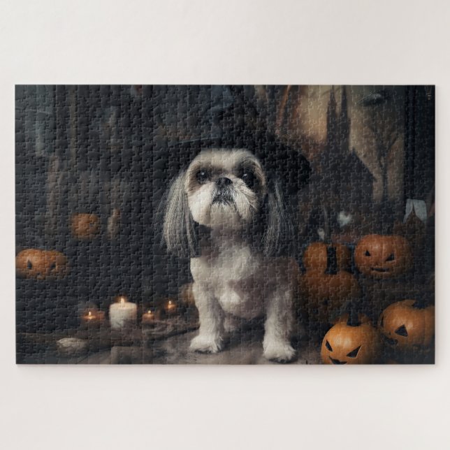 Shih Tzu Pumpkins Halloween Scary  Jigsaw Puzzle (Horizontal)