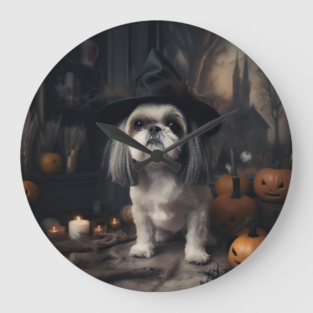 Shih Tzu Pumpkins Halloween Scary  Large Clock (Front)