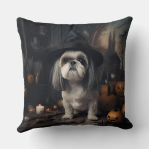 Shih Tzu Pumpkins Halloween Scary  Throw Pillow