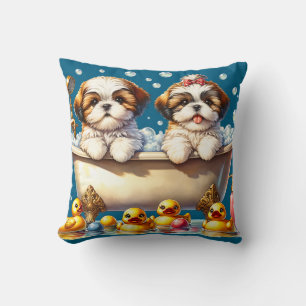 “Shih Tzu Puppies in Bubble Bath" Throw Pillow