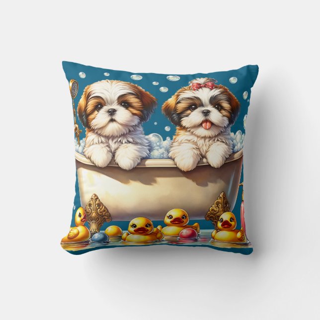 “Shih Tzu Puppies in Bubble Bath" Throw Pillow (Front)