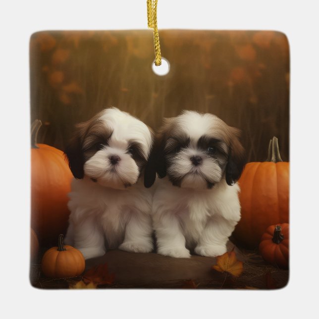 Shih Tzu Puppy Autumn Delight Pumpkin  Ceramic Ornament (Front)