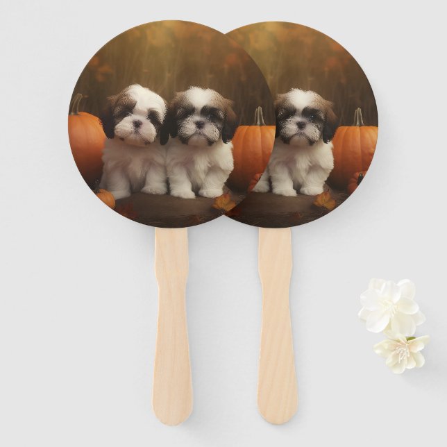 Shih Tzu Puppy Autumn Delight Pumpkin  Hand Fan (Front and Back)