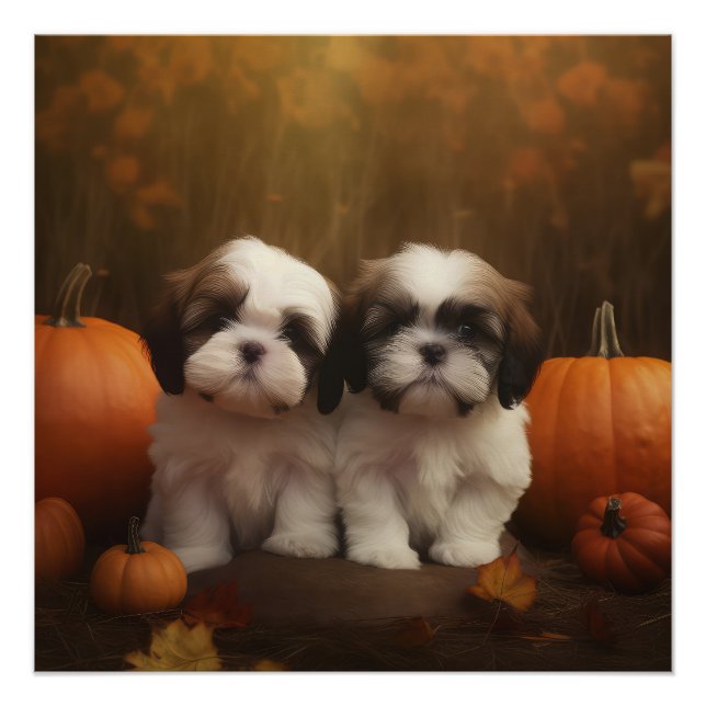 Shih Tzu Puppy Autumn Delight Pumpkin  Poster (Front)
