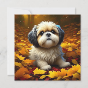 Shih Tzu Puppy Dog Playing in Fall Leaves