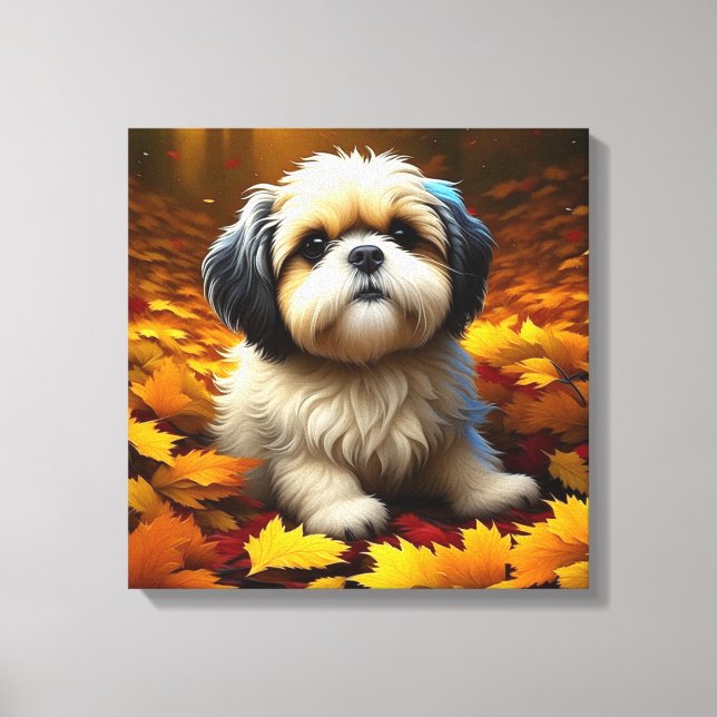 Shih Tzu Puppy Dog Playing in Fall Leaves   Canvas Print (Front)