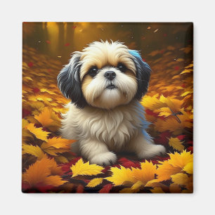 Shih Tzu Puppy Dog Playing in Fall Leaves   Magnet