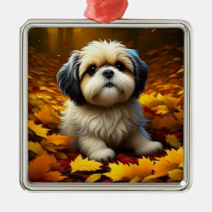 Shih Tzu Puppy Dog Playing in Fall Leaves   Metal Ornament