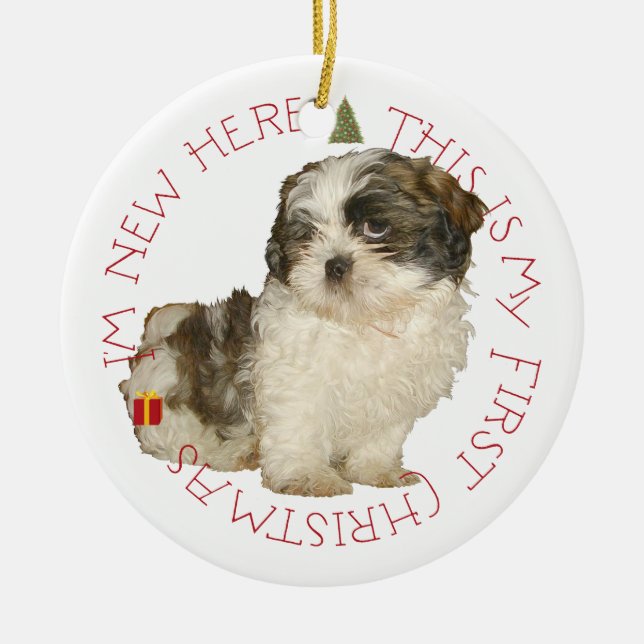 Shih Tzu Puppy First Christmas Ceramic Ornament (Front)