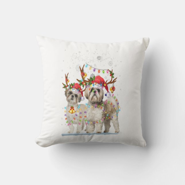 Shih Tzu Reindeer Xmas Light Christmas Gift Throw Pillow (Front)